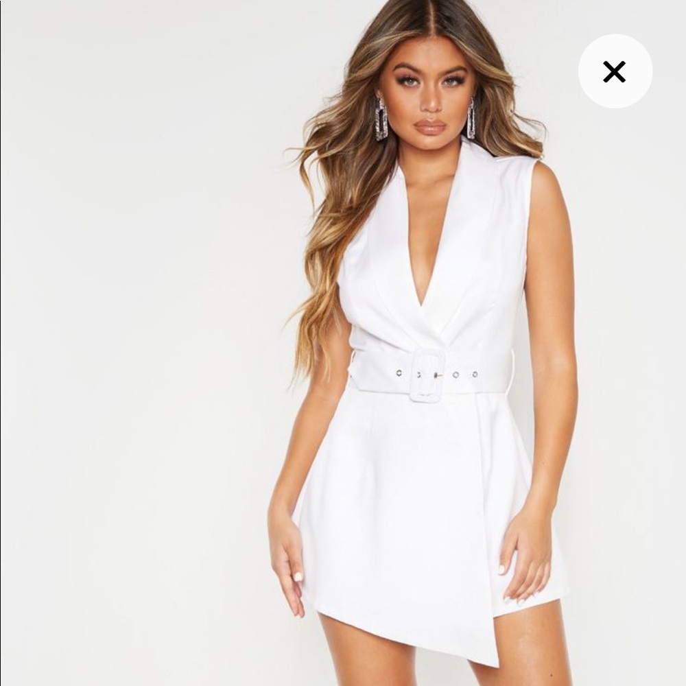 Prettylittlething White Tailored Belted Romper